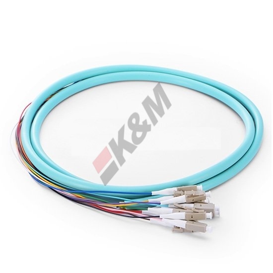 1M 12 vezels LC/UPC 10G 50/125 OM3 multi-mode bos Fiber Optic Pigtail - 0,9 mm LSZH jas